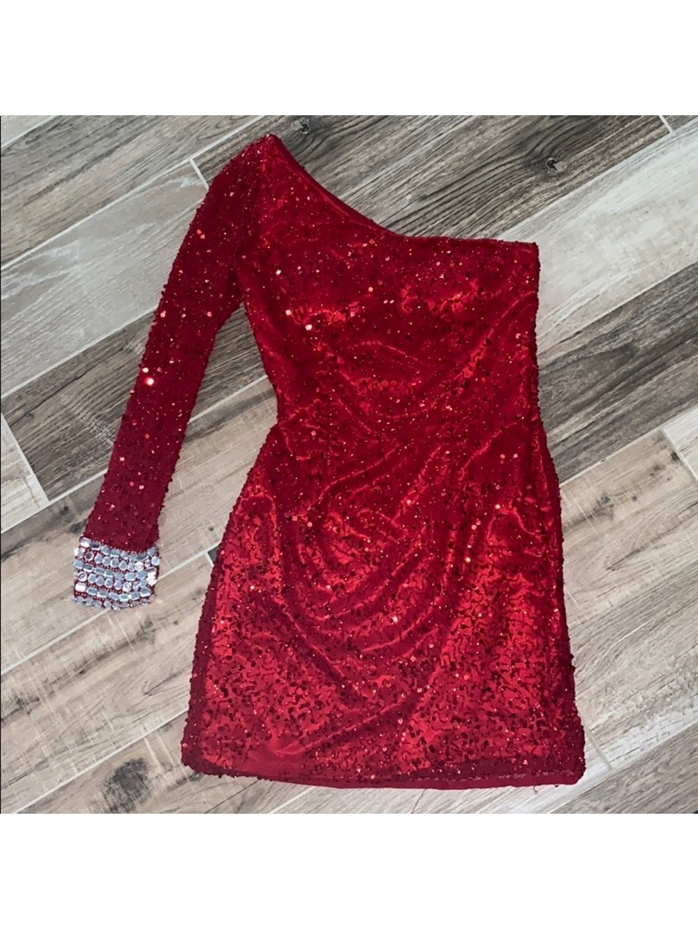 Shail K Size 4 Red Sequin One Shoulder Mini Cocktail Dress with Jeweled Cuff
